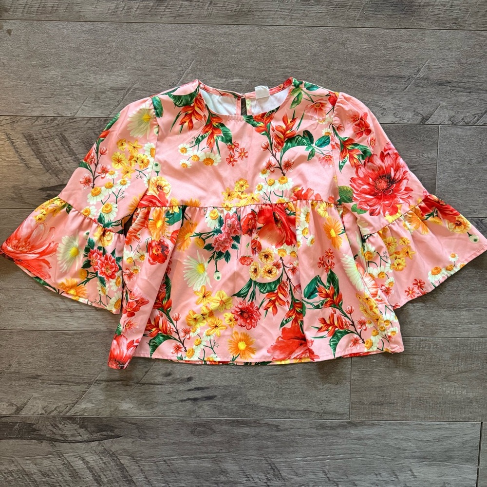 Girls Tropical Floral Bell Sleeve Blouse Size 8 | Pink Peach Boho Top